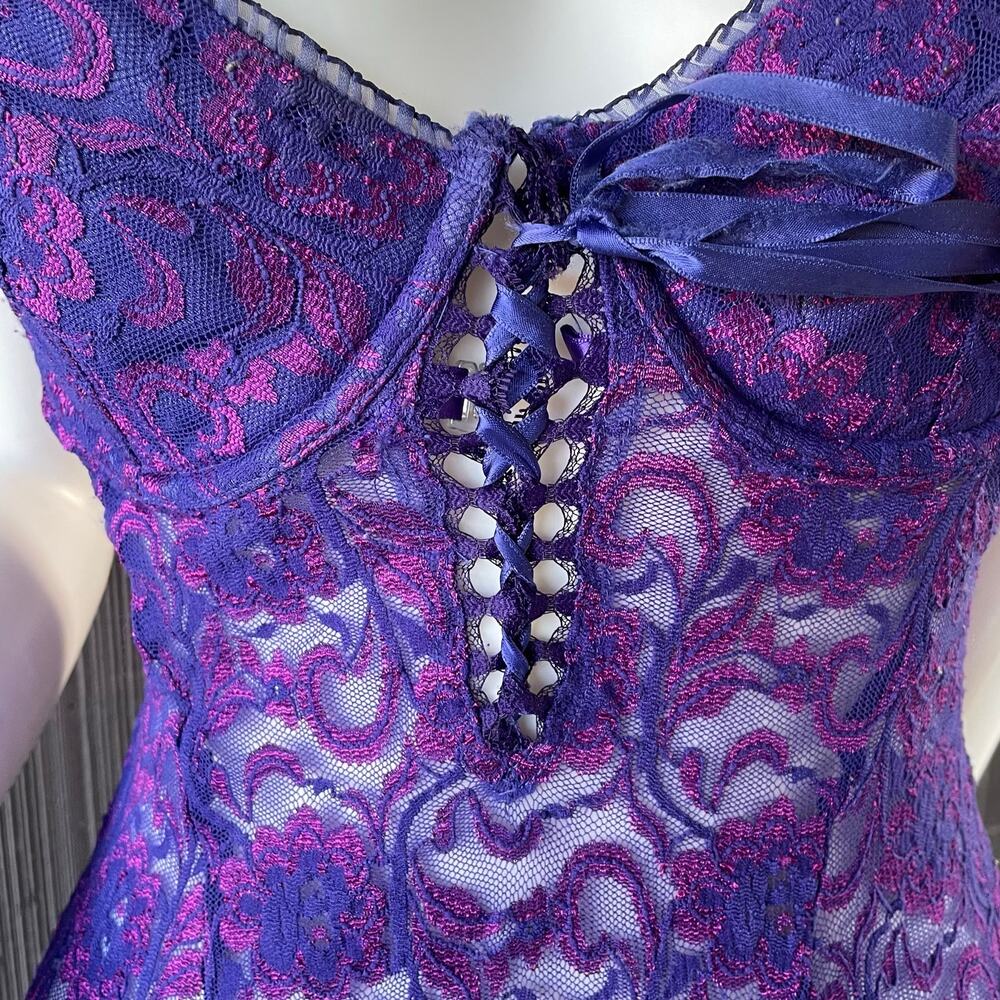 🔥Vintage Y2K Frederic Of Hollywood Purple Lace Babydoll Lace Up Coquette Dainty - Picture 6 of 16